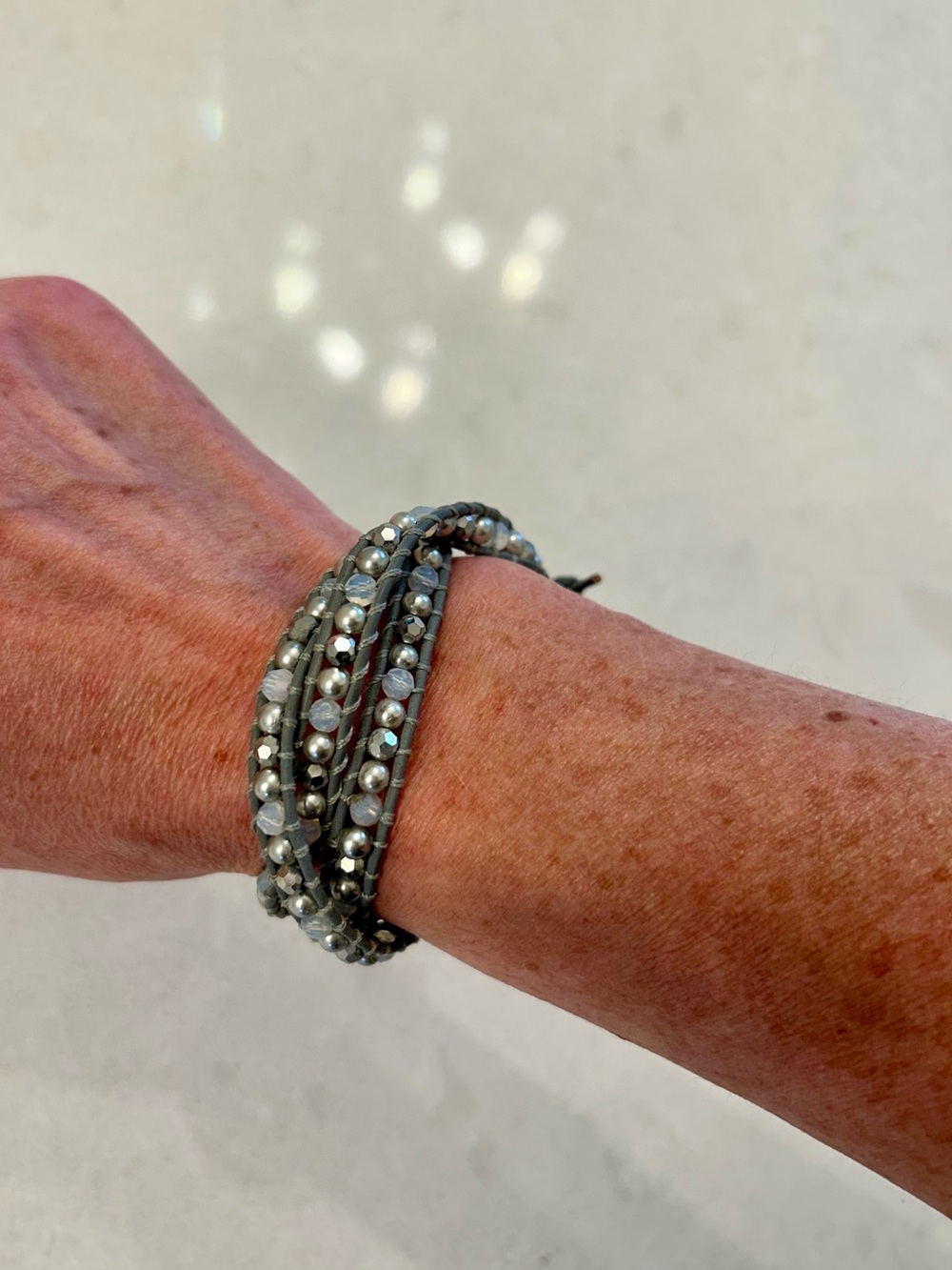 Handmade Gray Beaded Wrap Bracelet - Layered Silver Accents